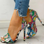 Elegant floral peep-toe high heels for women by Trendy Attic Store01, featuring vibrant flower patterns and stylish design.
