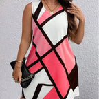 Geometric print sleeveless V-neck women’s dress from Trendy Attic Store01, stylish and perfect for casual or summer wear.