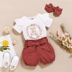 Infant girls' summer outfit with letter bodysuit and shorts set from Trendy Attic Store, perfect for warm weather.
