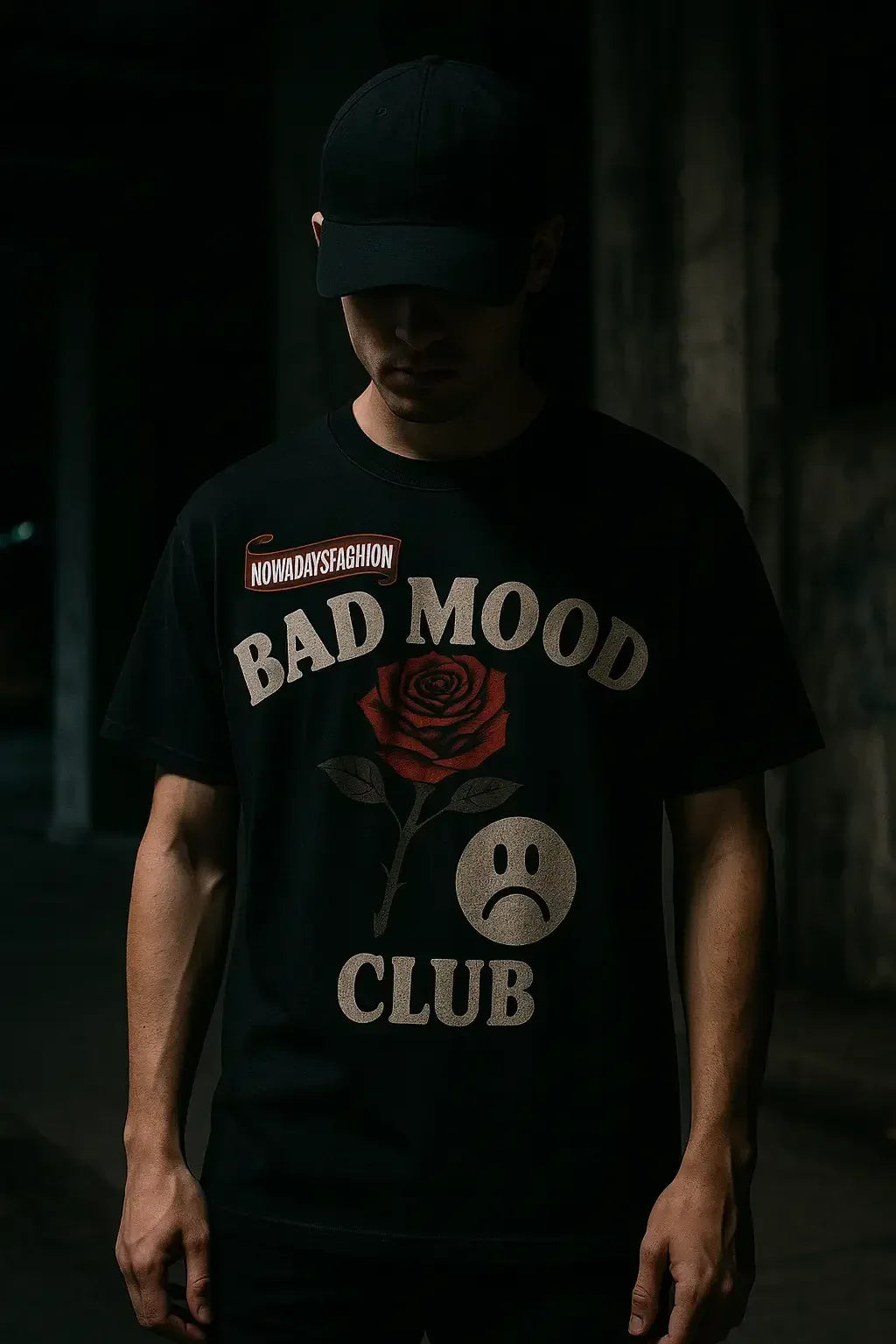 Unisex BAD MOOD CLUB Graphic T-Shirt – Sad Face & Rose Dark Streetwear Tee - Plush Fashion Hub