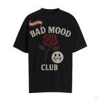 Unisex BAD MOOD CLUB Graphic T-Shirt – Sad Face & Rose Dark Streetwear Tee - Plush Fashion Hub