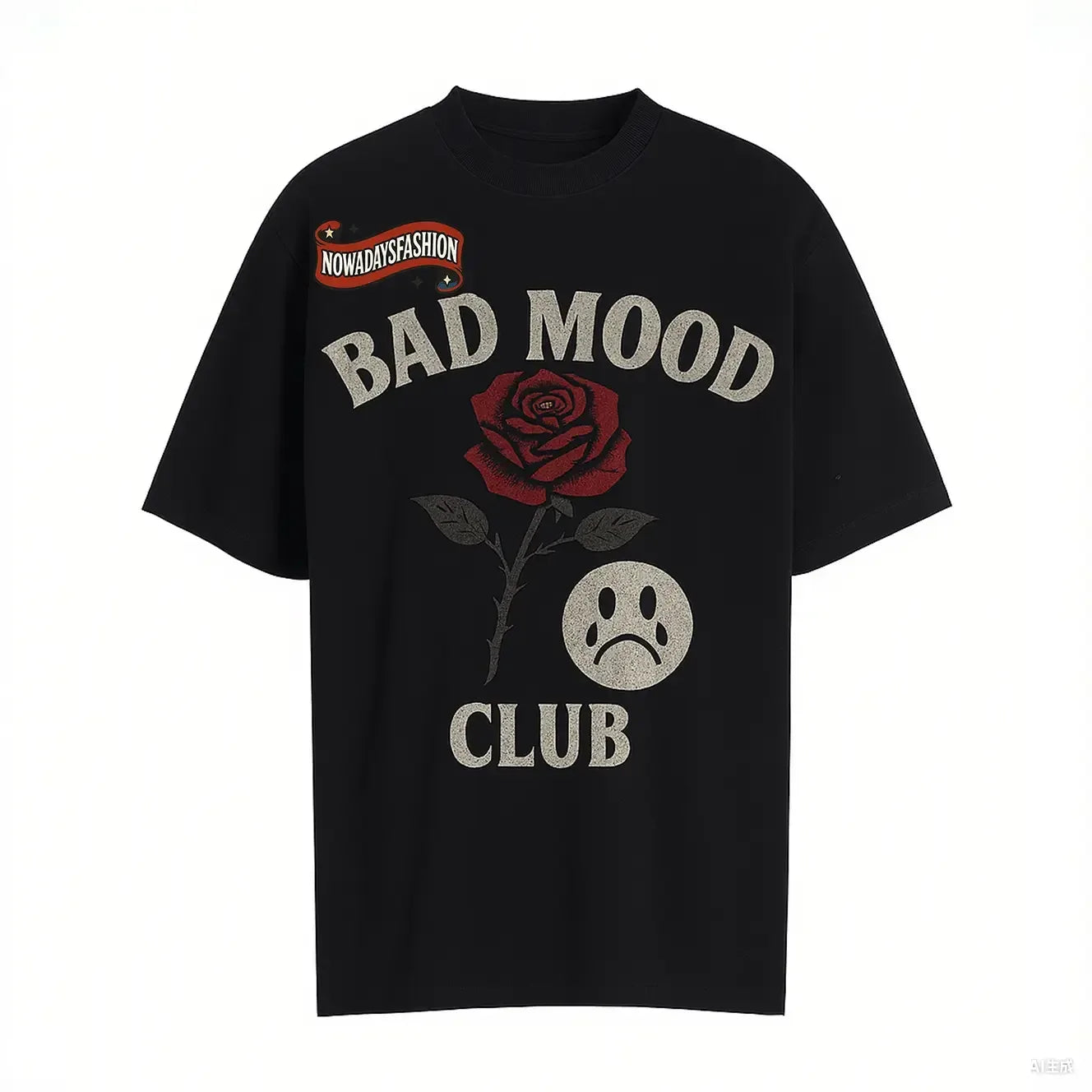 Unisex BAD MOOD CLUB Graphic T-Shirt – Sad Face & Rose Dark Streetwear Tee - Plush Fashion Hub