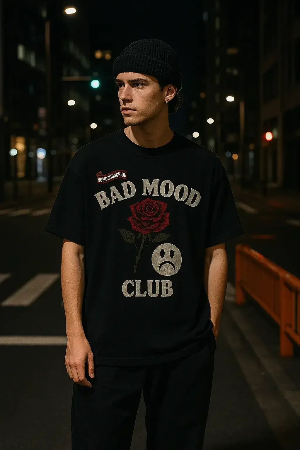 Unisex BAD MOOD CLUB Graphic T-Shirt – Sad Face & Rose Dark Streetwear Tee - Plush Fashion Hub