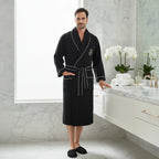 Luxury plush men's waffle piping robe from Plush Fashion Hub, featuring soft fabric and stylish piping details.