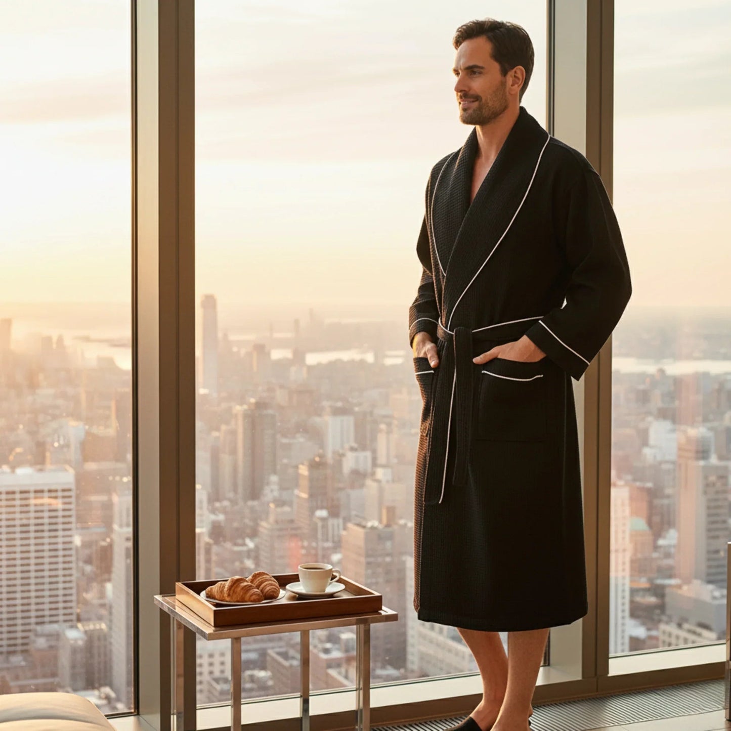 Plush Fashion Hub men's premium waffle piping robe displayed, showcasing soft fabric and stylish piping details.