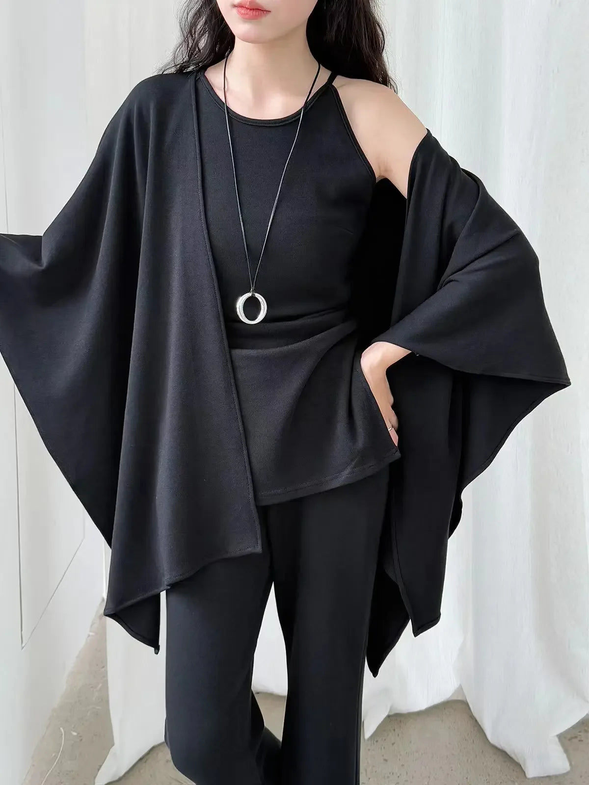 Urban Cape Shawl +Camisole + High Waist Flared Pants 3-Pieces Suit - Plush Fashion Hub