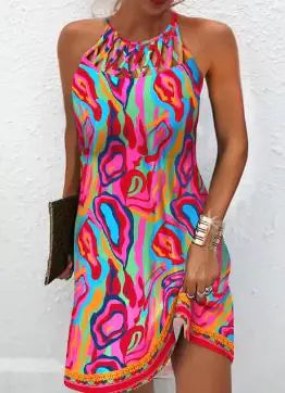 Women's sleeveless printed hollow dress by Trendy Attic Store01, featuring a stylish pattern and flowy fabric for a chic look.