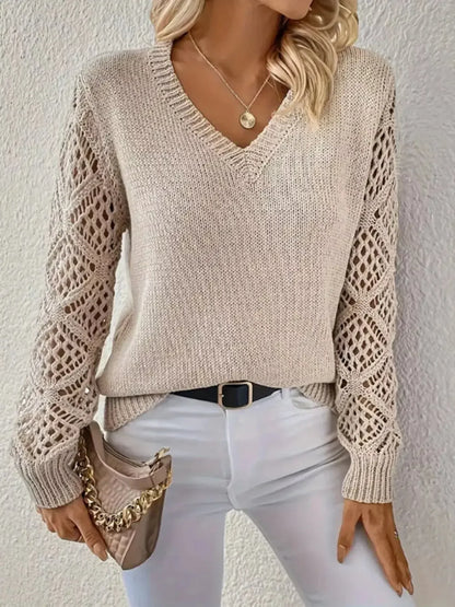 V-Neck Crochet Sleeve Sweater - Plush Fashion Hub