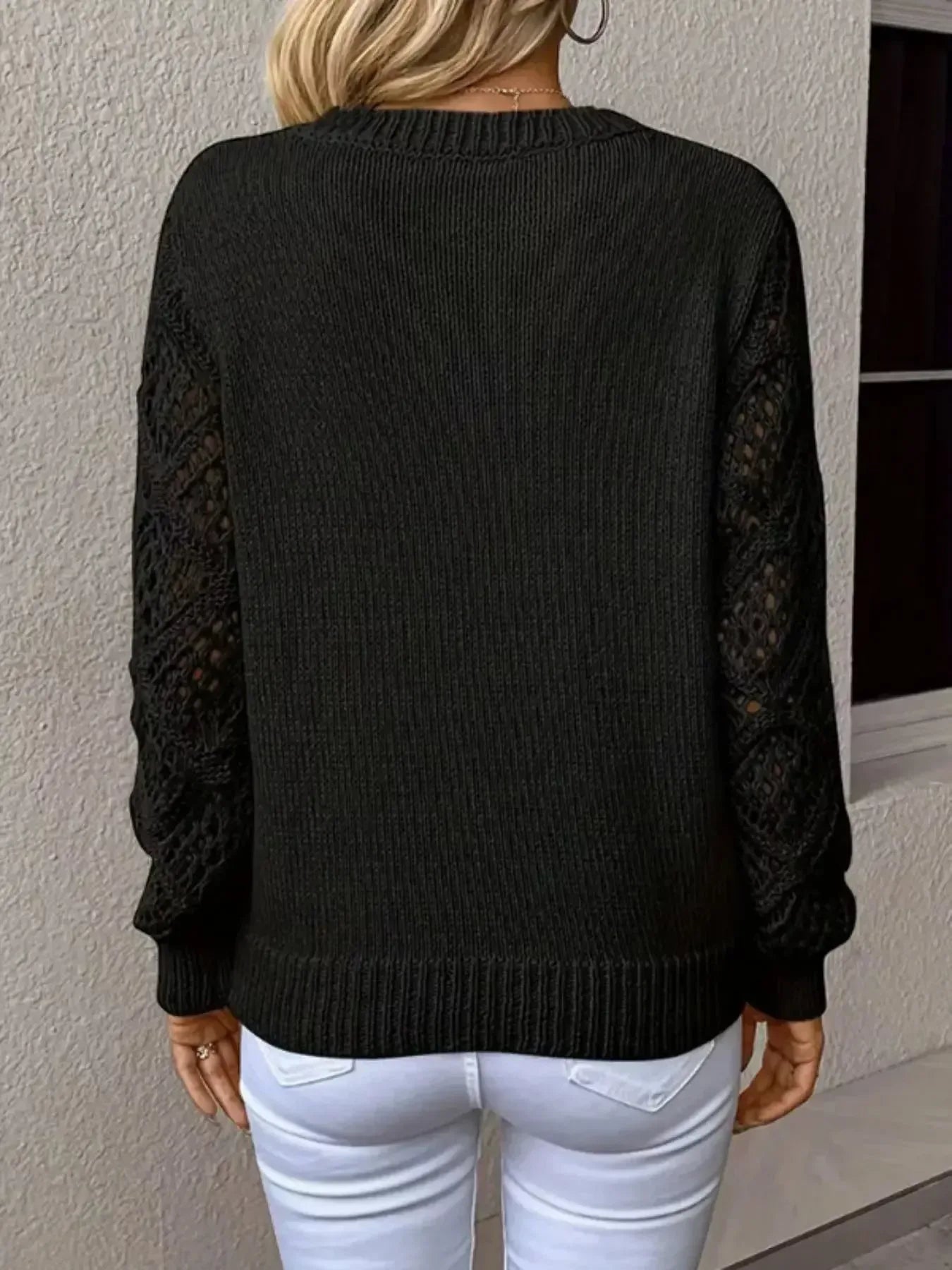 V-Neck Crochet Sleeve Sweater - Plush Fashion Hub
