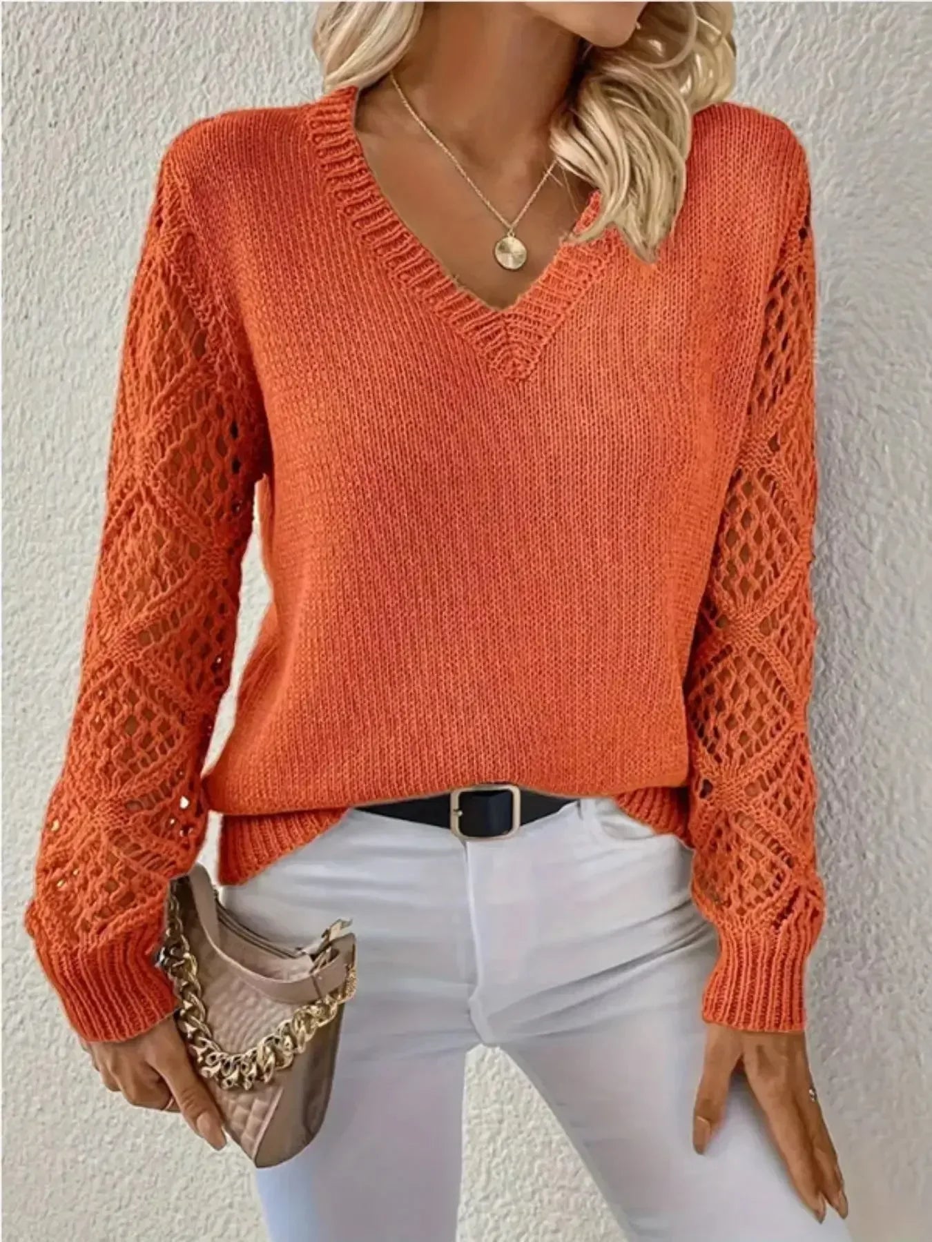 V-Neck Crochet Sleeve Sweater - Plush Fashion Hub