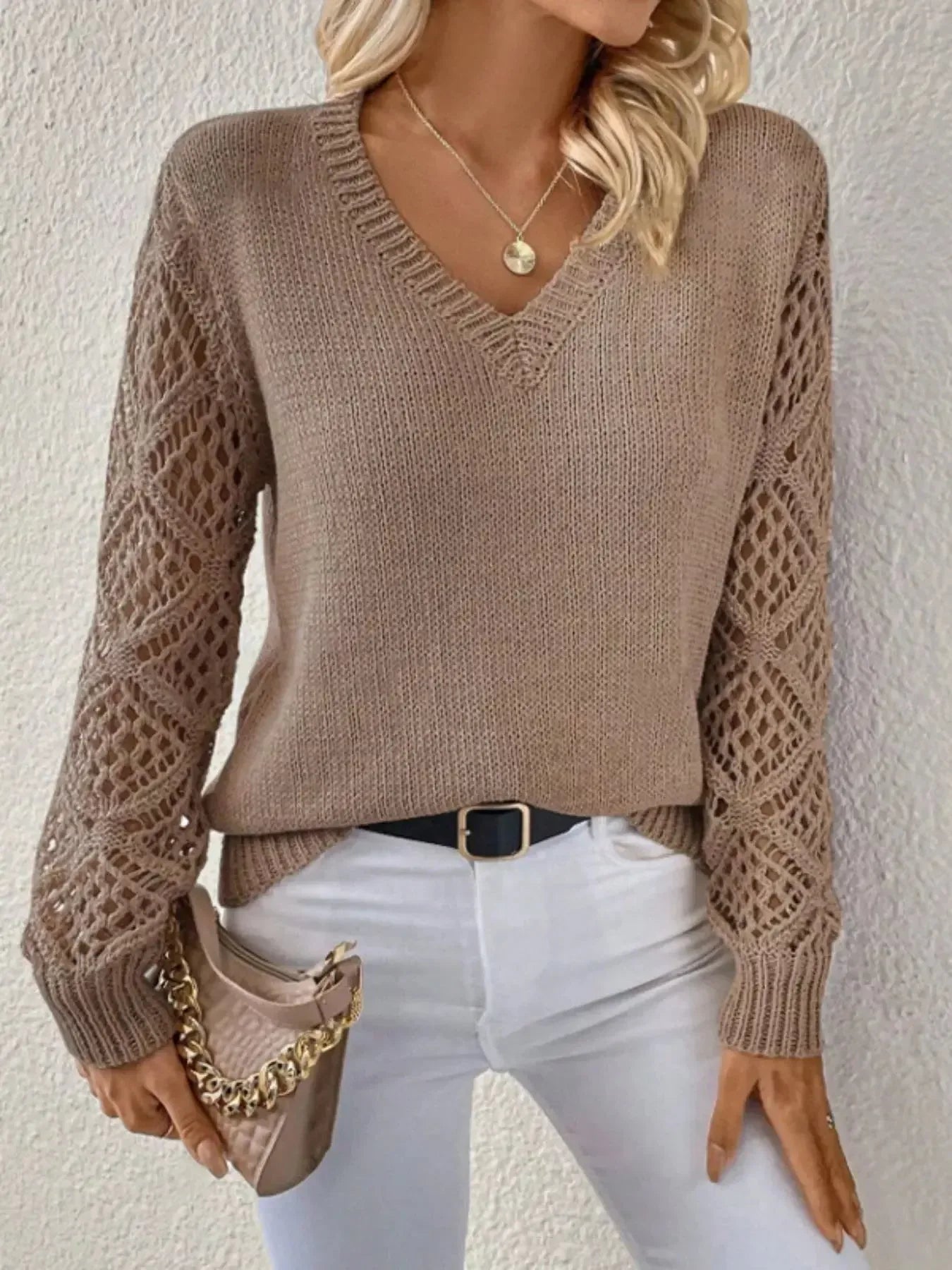 V-Neck Crochet Sleeve Sweater - Plush Fashion Hub