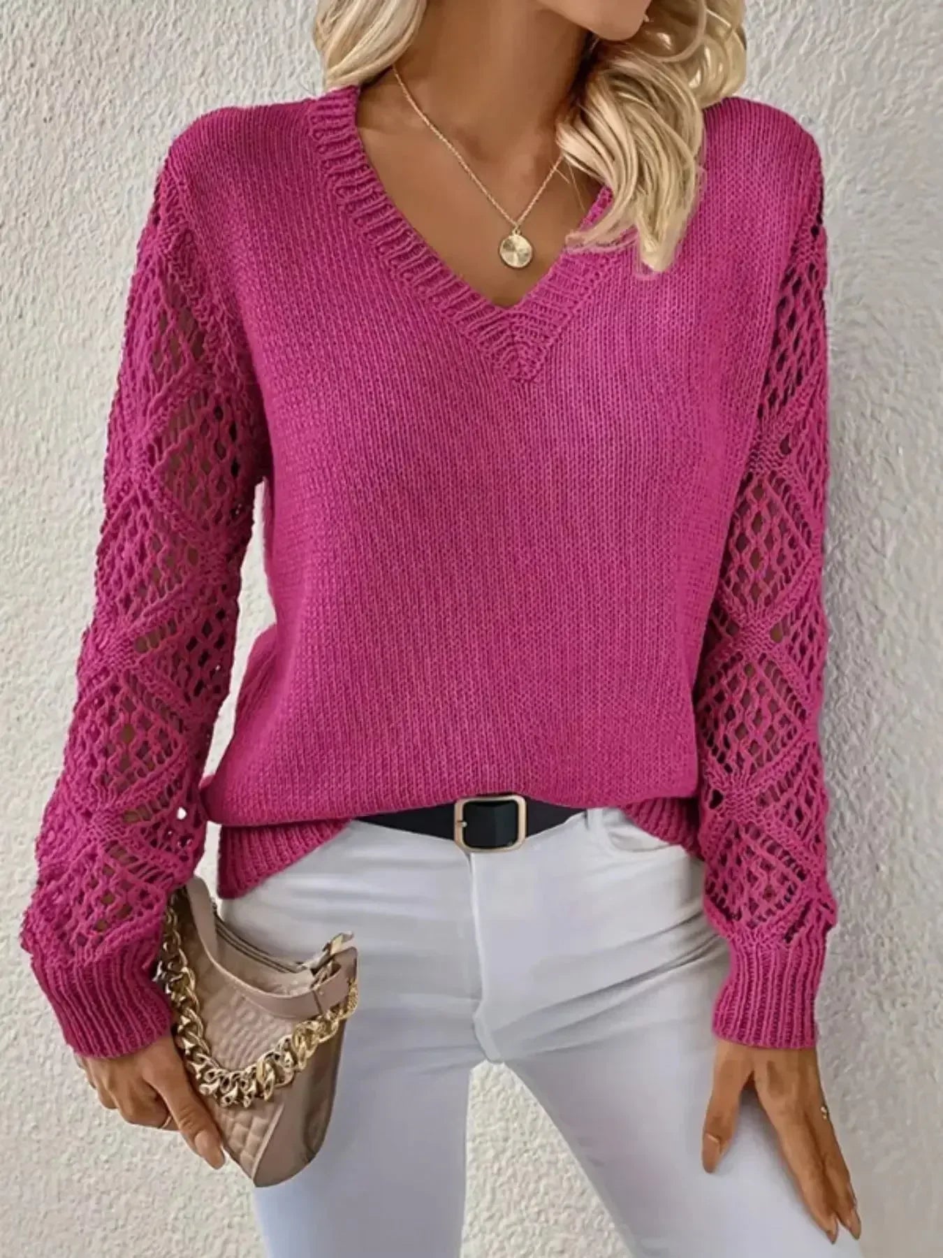 V-Neck Crochet Sleeve Sweater - Plush Fashion Hub