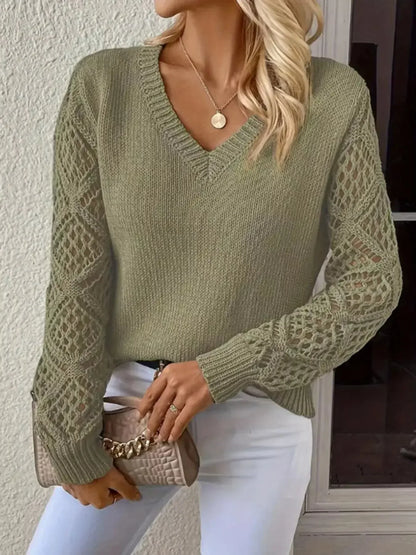 V-Neck Crochet Sleeve Sweater - Plush Fashion Hub