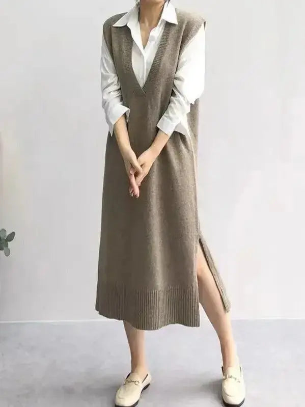 V-neck sleeveless knit midi dress with split side and ruffled details from Plush Fashion Hub, perfect for stylish summer wear.