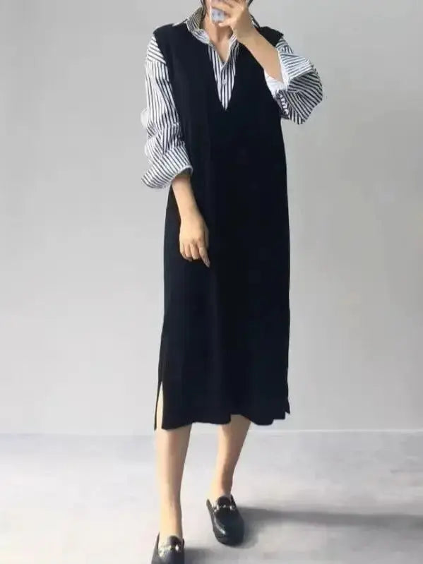 V-neck sleeveless knit midi dress with split side and ruffled details from Plush Fashion Hub, perfect for casual or elegant occasions.