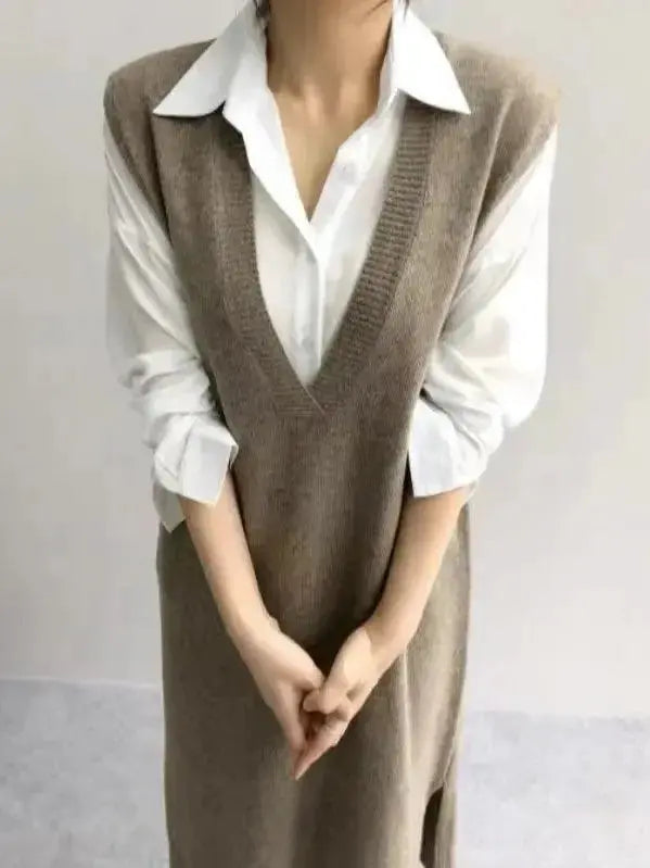 V-neck sleeveless knit midi dress with split side and ruffled details from Plush Fashion Hub, perfect for stylish casual wear.