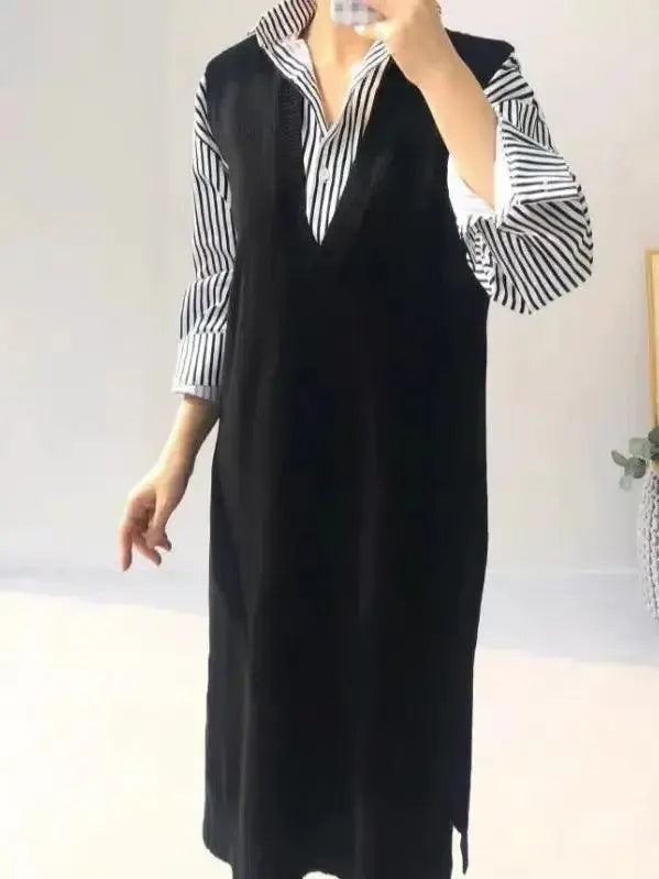 V-neck sleeveless knit midi dress with split side and ruffled details, by Plush Fashion Hub.