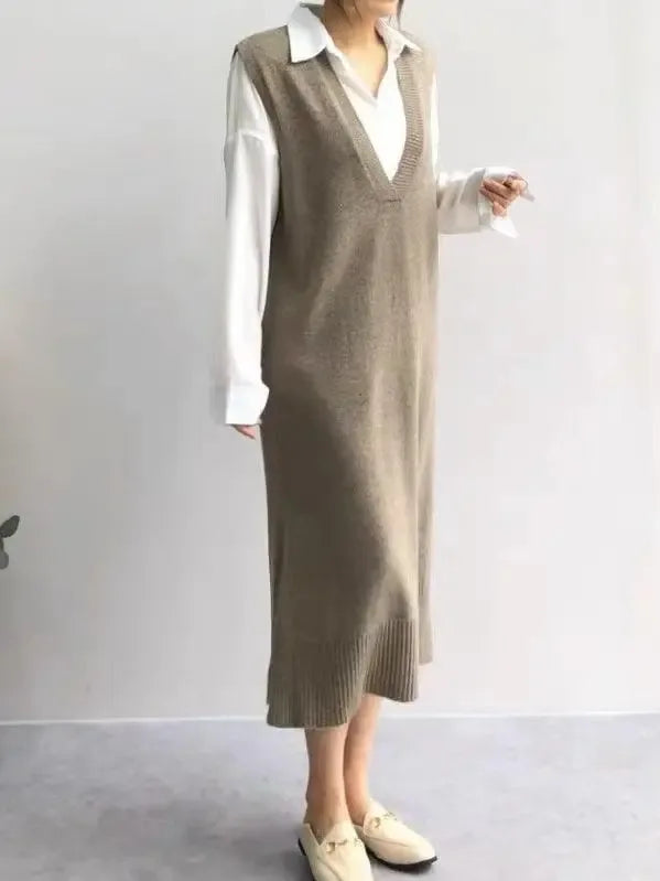 V-neck knit split-side long dress by Plush Fashion Hub featuring a flowing design and stylish side split.