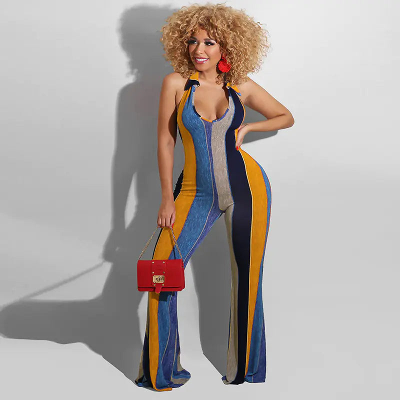 Women’s striped halter jumpsuit with horn details, from Trendy Attic Store01, showcasing a bold and stylish look.