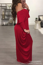 Off-shoulder ruffled long sleeve women’s dress by Trendy Attic Store01, featuring a stylish off-shoulder design with ruffles and long sleeves.