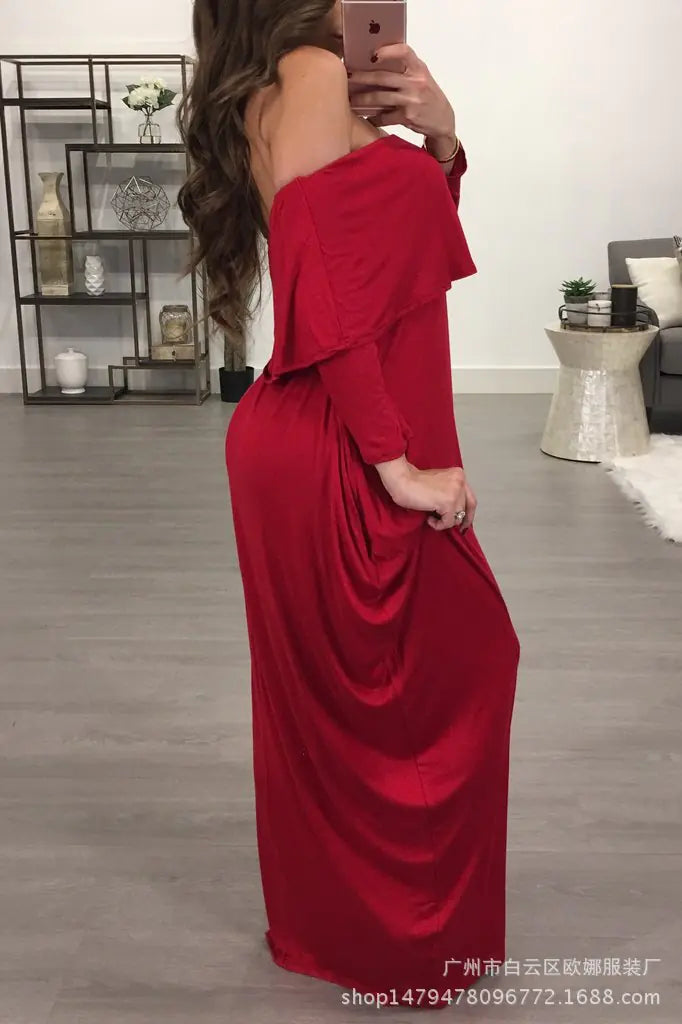 Off-shoulder ruffled long sleeve women’s dress by Trendy Attic Store01, featuring a stylish off-shoulder design with ruffles and long sleeves.