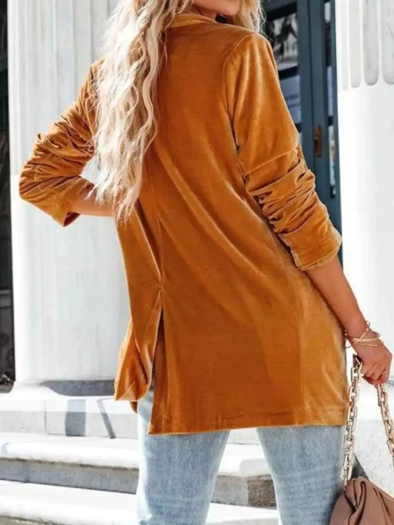 Velvet one-button lightweight coat by Trendsi featuring a minimalist design and sophisticated silhouette for elegant outerwear.