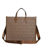 Versace Brown Top Handle Jacquard Leather Logo Crossbody Tote Bag - Plush Fashion Hub