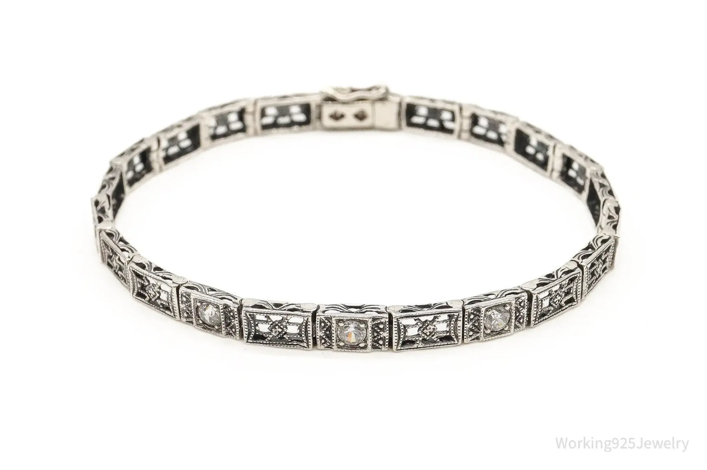 Vintage Cubic Zirconia Art Deco Sterling Silver Bracelet - Plush Fashion Hub