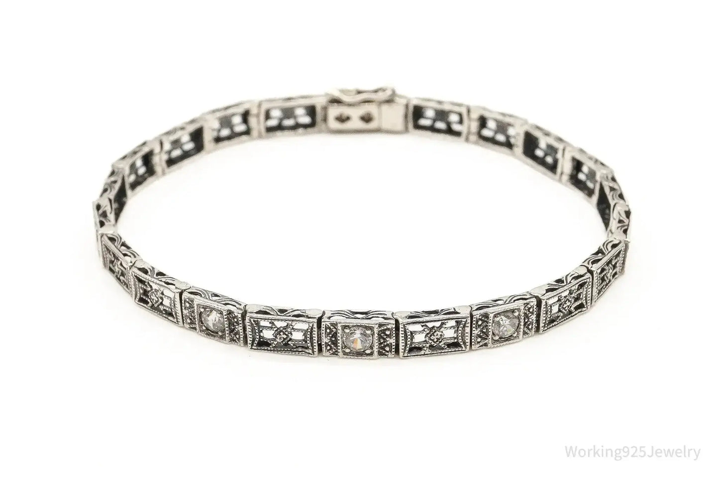 Vintage Cubic Zirconia Art Deco Sterling Silver Bracelet - Plush Fashion Hub