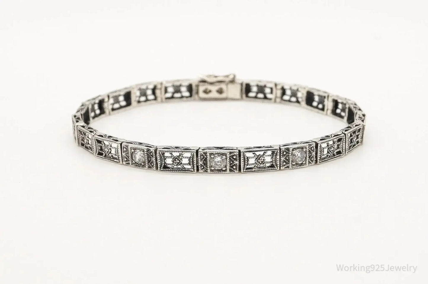 Vintage Cubic Zirconia Art Deco Sterling Silver Bracelet - Plush Fashion Hub