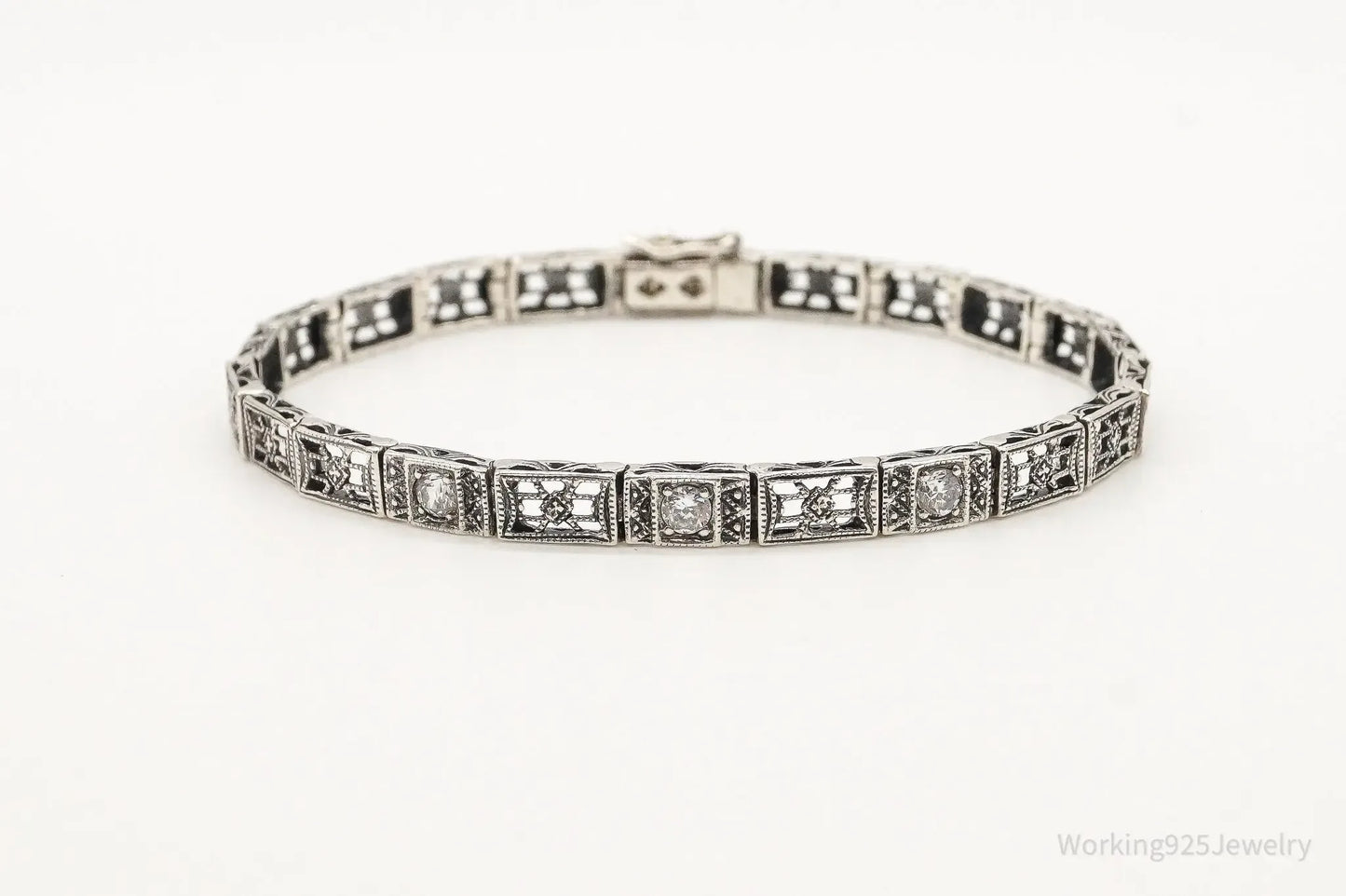 Vintage Cubic Zirconia Art Deco Sterling Silver Bracelet - Plush Fashion Hub