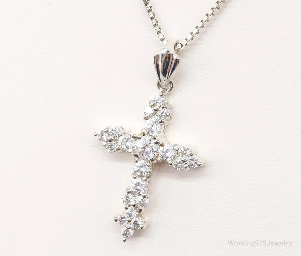 Vintage cubic zirconia cross pendant necklace in sterling silver, stylish jewelry from Plush Fashion Hub.