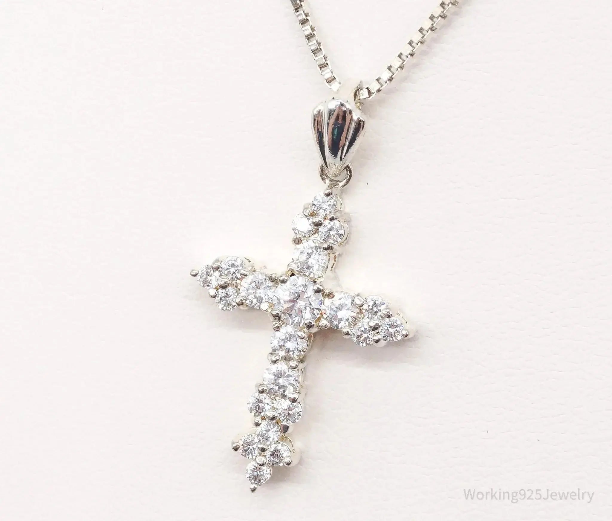 Vintage cubic zirconia cross pendant necklace in sterling silver, stylish jewelry from Plush Fashion Hub.