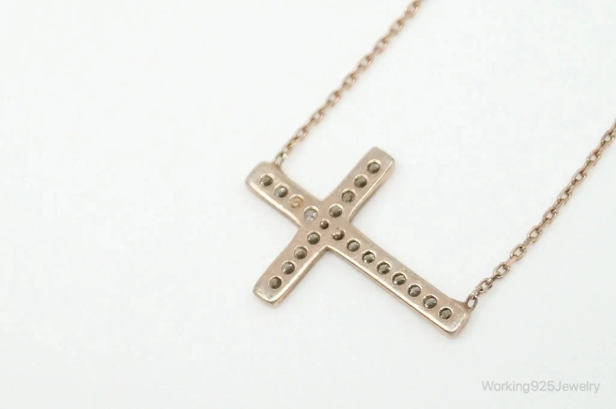 Vintage cubic zirconia rose gold vermeil sterling silver cross necklace, elegant pendant jewelry for women.