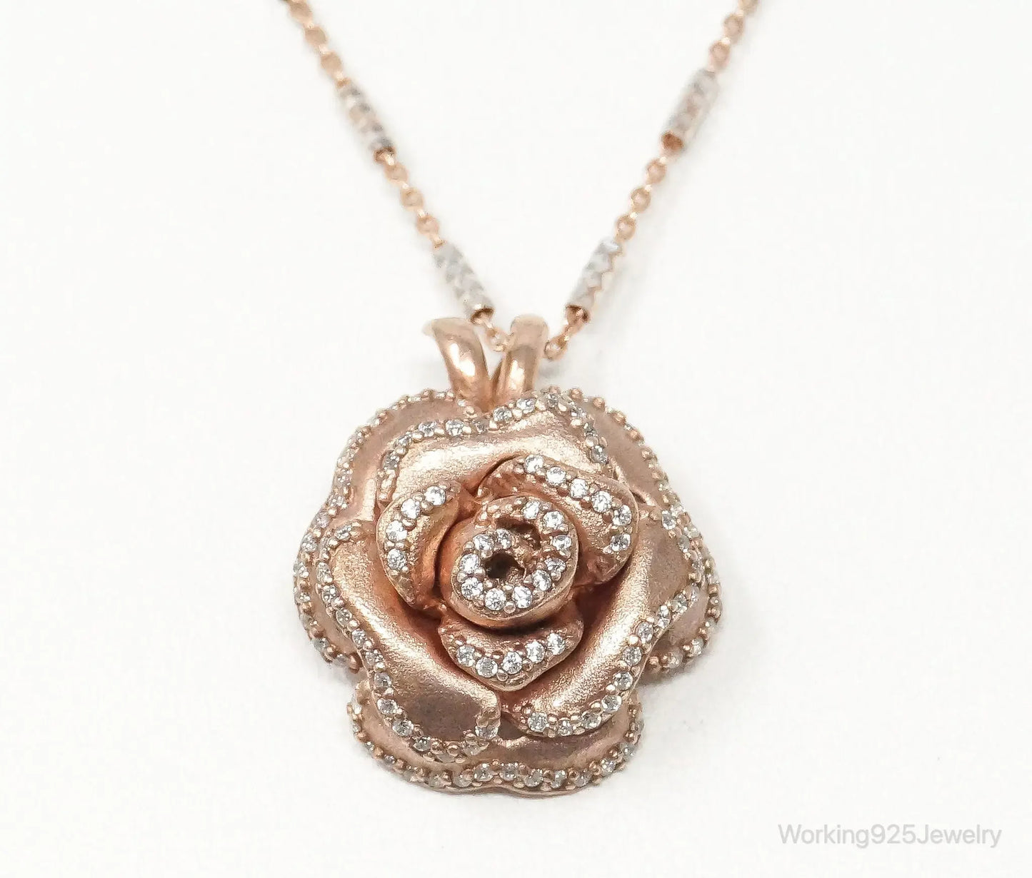 Vintage Cubic Zirconia Rose Gold Vermeil Sterling Silver Flower Necklace - Plush Fashion Hub