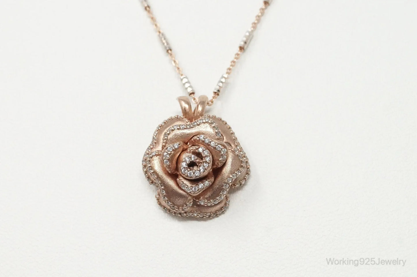 Vintage Cubic Zirconia Rose Gold Vermeil Sterling Silver Flower Necklace - Plush Fashion Hub