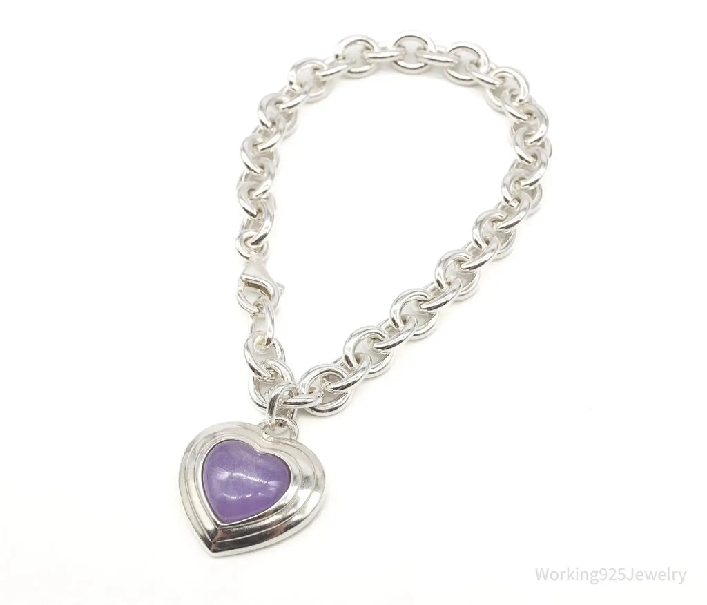 Vintage lavender jade heart chain link sterling silver bracelet with intricate design, crafted by Plush Fashion Hub.