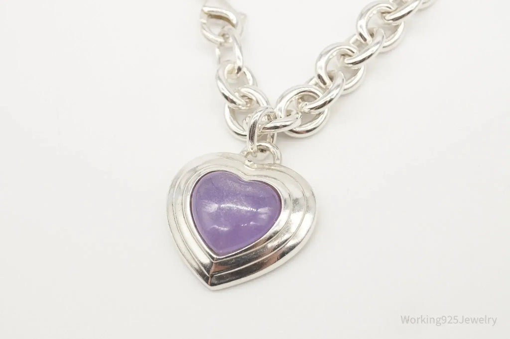 Vintage lavender jade heart bracelet with chain link design in sterling silver, featuring a delicate jewelry style.