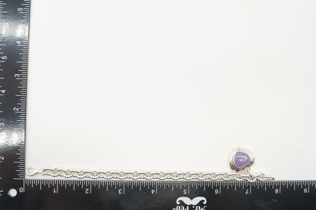 Vintage lavender jade heart chain link sterling silver bracelet with intricate design, stylish jewelry accessory.