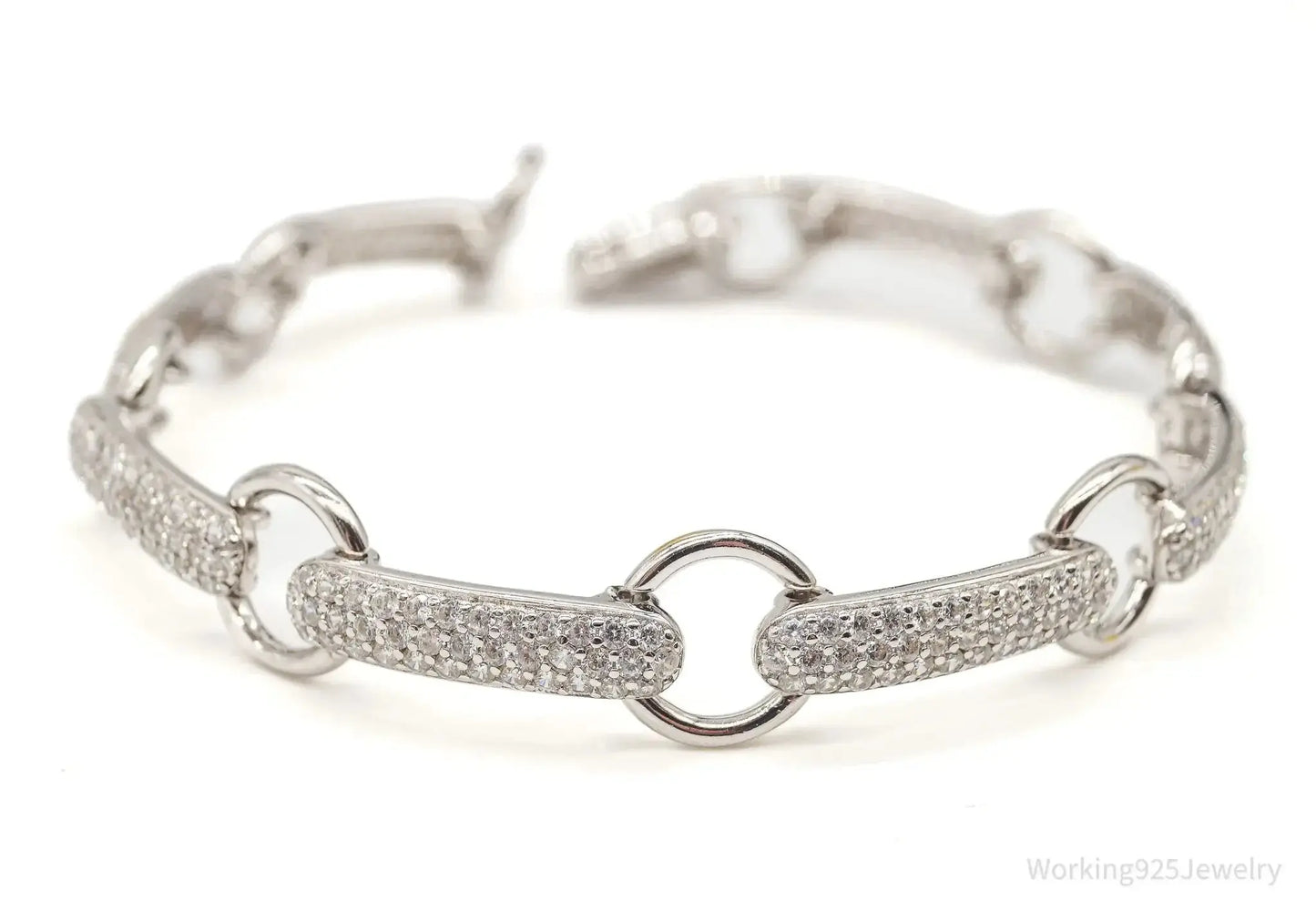 Vintage Designer Cubic Zirconia Open Link Sterling Silver Bracelet - Plush Fashion Hub