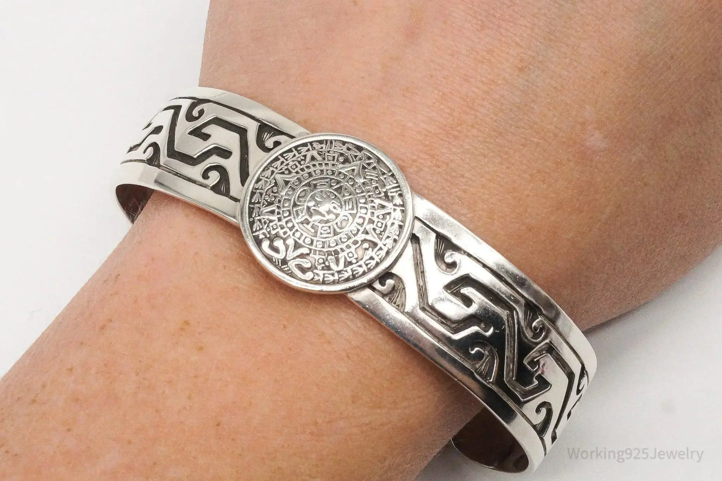 Vintage Escorcia Mexico Mayan Calendar Sterling Silver Cuff Bracelet - Plush Fashion Hub