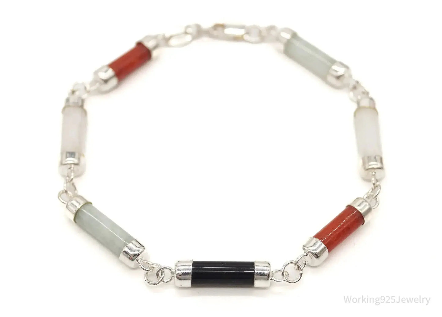 Vintage Jade Coral Black Onyx Sterling Silver Bracelet - Plush Fashion Hub