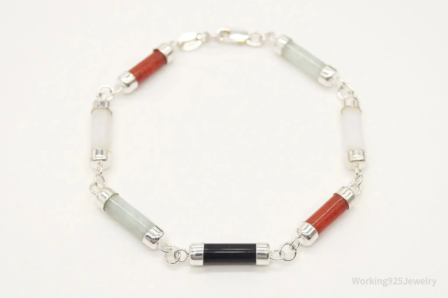 Vintage Jade Coral Black Onyx Sterling Silver Bracelet - Plush Fashion Hub