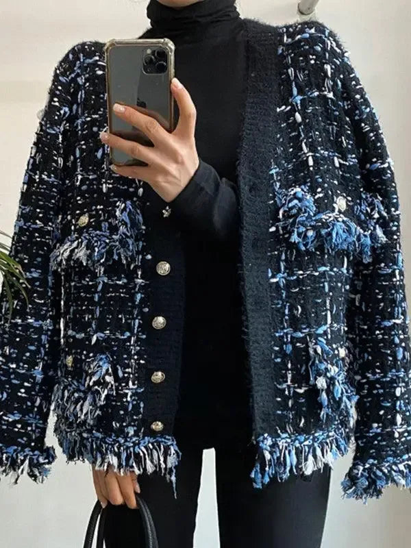 Vintage V-Neck Fringed Frayed Mélange Knit Cardigan - Plush Fashion Hub