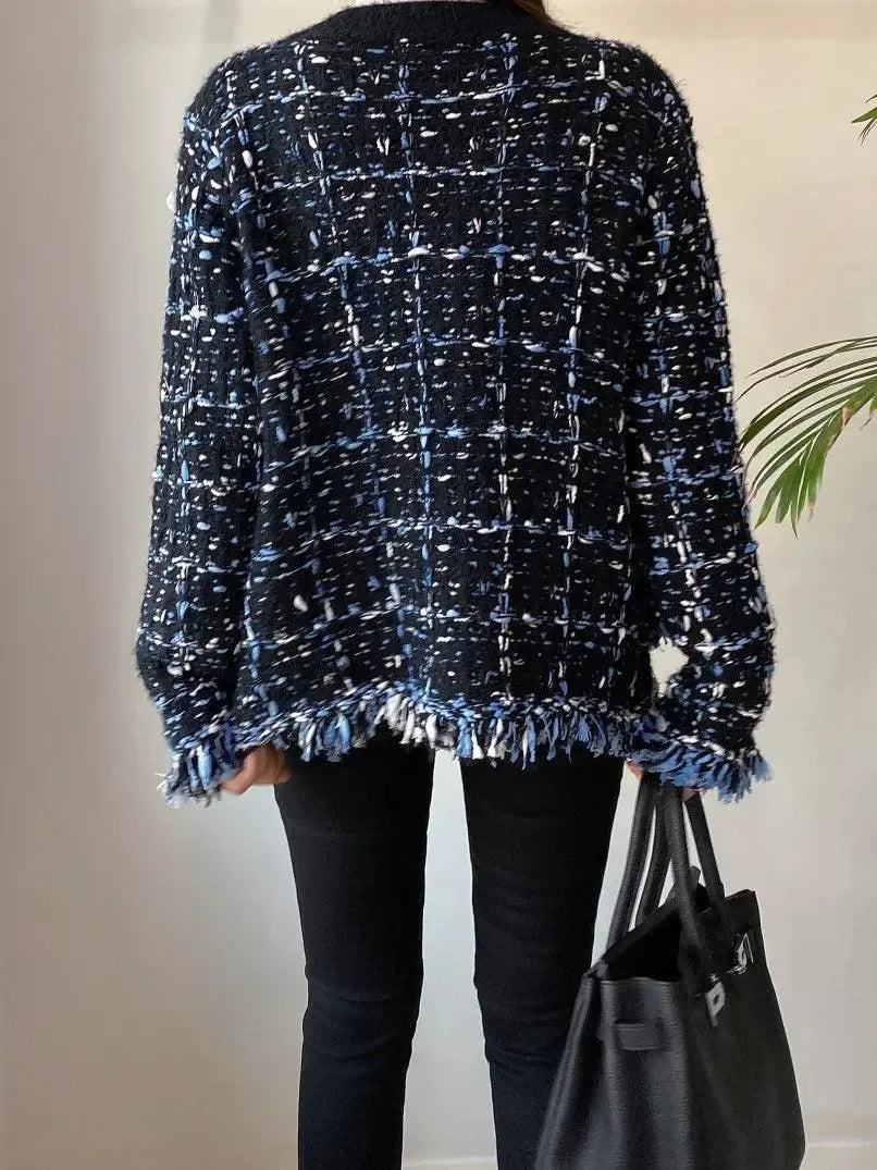 Vintage V-Neck Fringed Frayed Mélange Knit Cardigan - Plush Fashion Hub