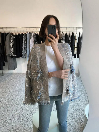 Vintage V-Neck Fringed Frayed Mélange Knit Cardigan - Plush Fashion Hub