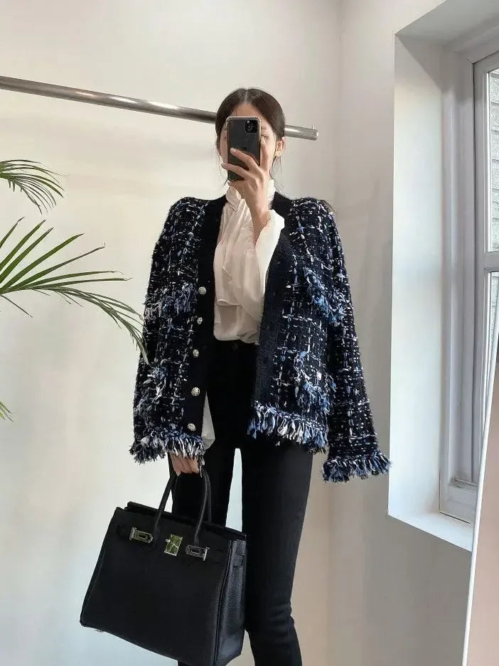 Vintage V-Neck Fringed Frayed Mélange Knit Cardigan - Plush Fashion Hub