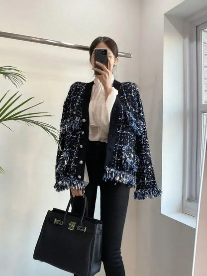 Vintage V-Neck Fringed Frayed Mélange Knit Cardigan - Plush Fashion Hub