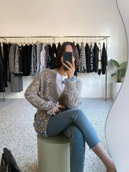 Vintage V-Neck Fringed Frayed Mélange Knit Cardigan - Plush Fashion Hub