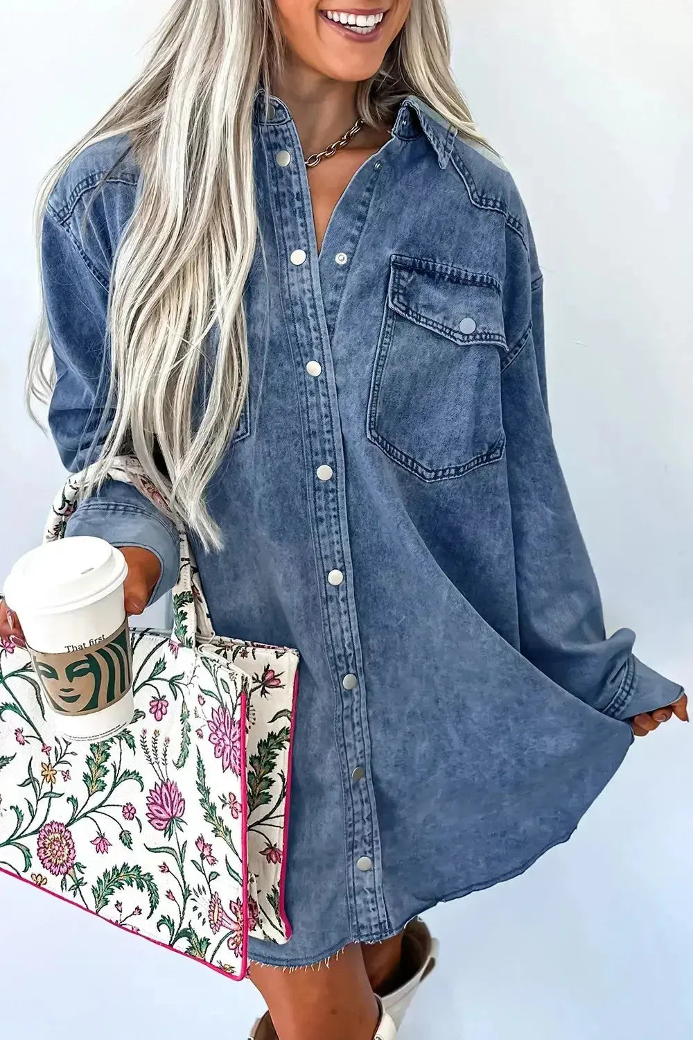 Vintage wash button-down denim midi dress by Plush Fashion Hub, made of 100% cotton, casual style, displayed on a hanger.